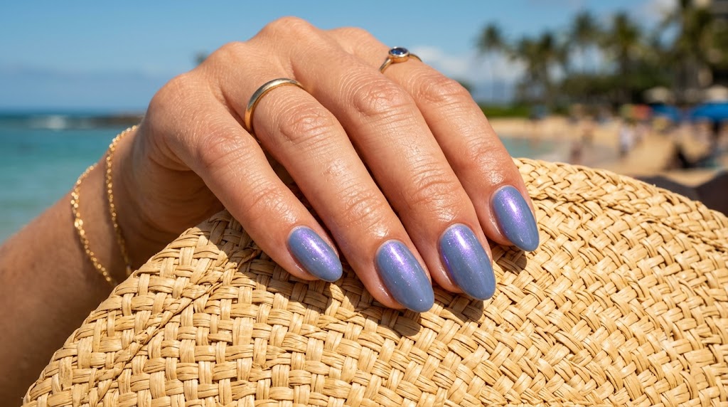 Frosted Pearl Shimmer on Slate Blue